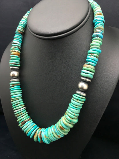 Turquoise Graduated Navajo Sterling Silver Necklace 18" 4047