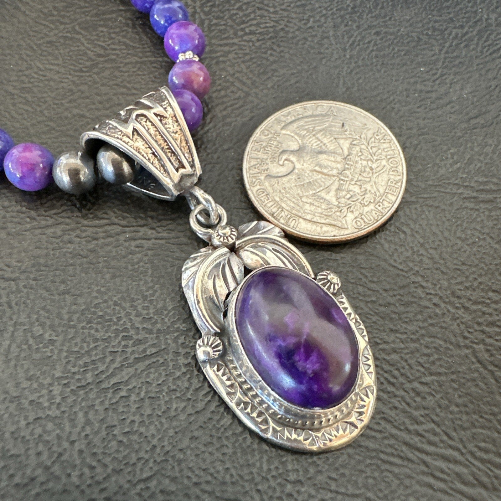 Purple Stone Pendant Navajo Sterling Silver Beads Necklace 18390