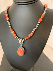 Men's Red Spiny Oyster Pendant Navajo Necklace | Sterling Silver | Authentic Native American Handmade | 08820