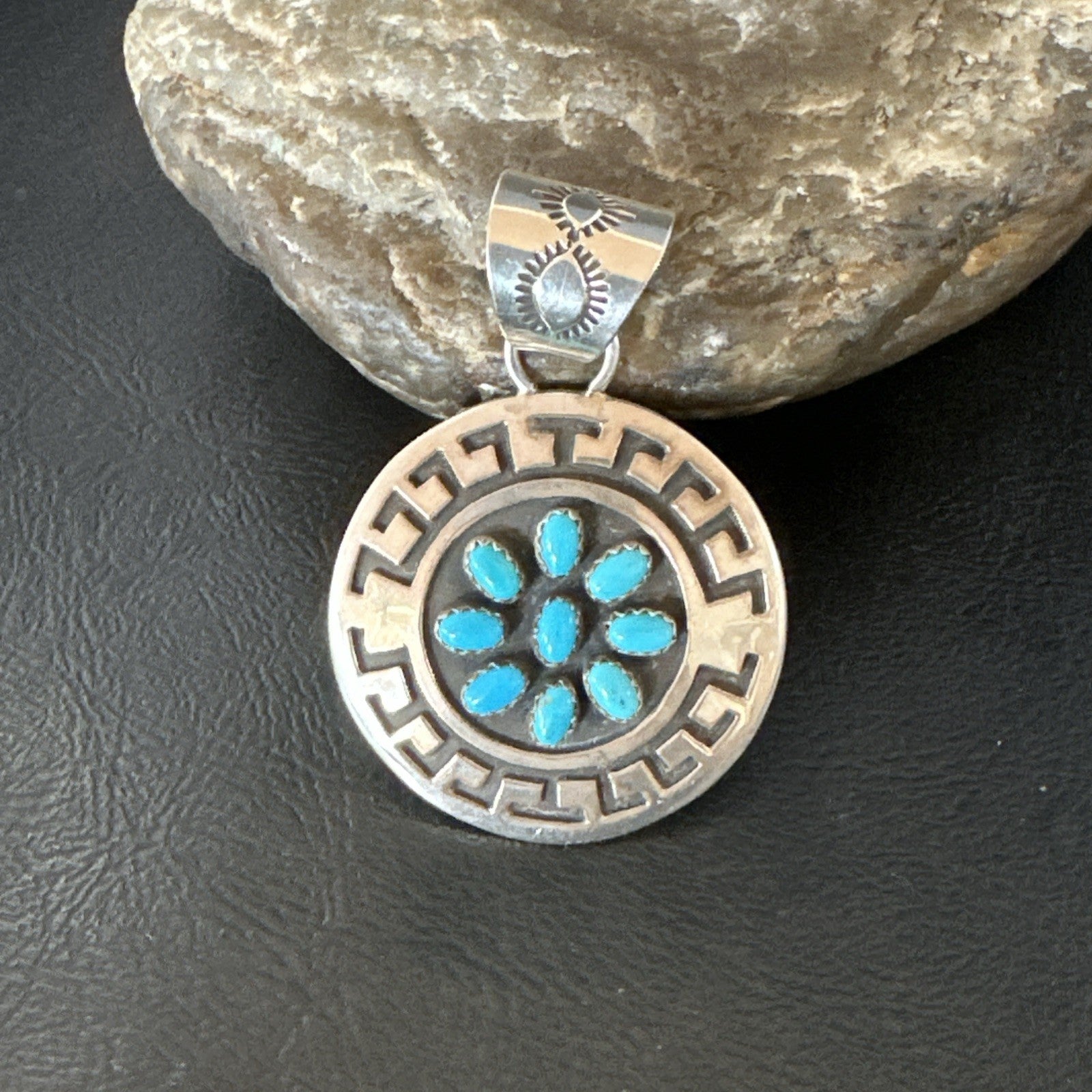 Cluster Blue Kingman Turquoise Navajo Sterling Silver Pendant 2" 19287