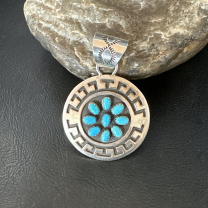 Cluster Blue Kingman Turquoise Navajo Sterling Silver Pendant 2" 19287