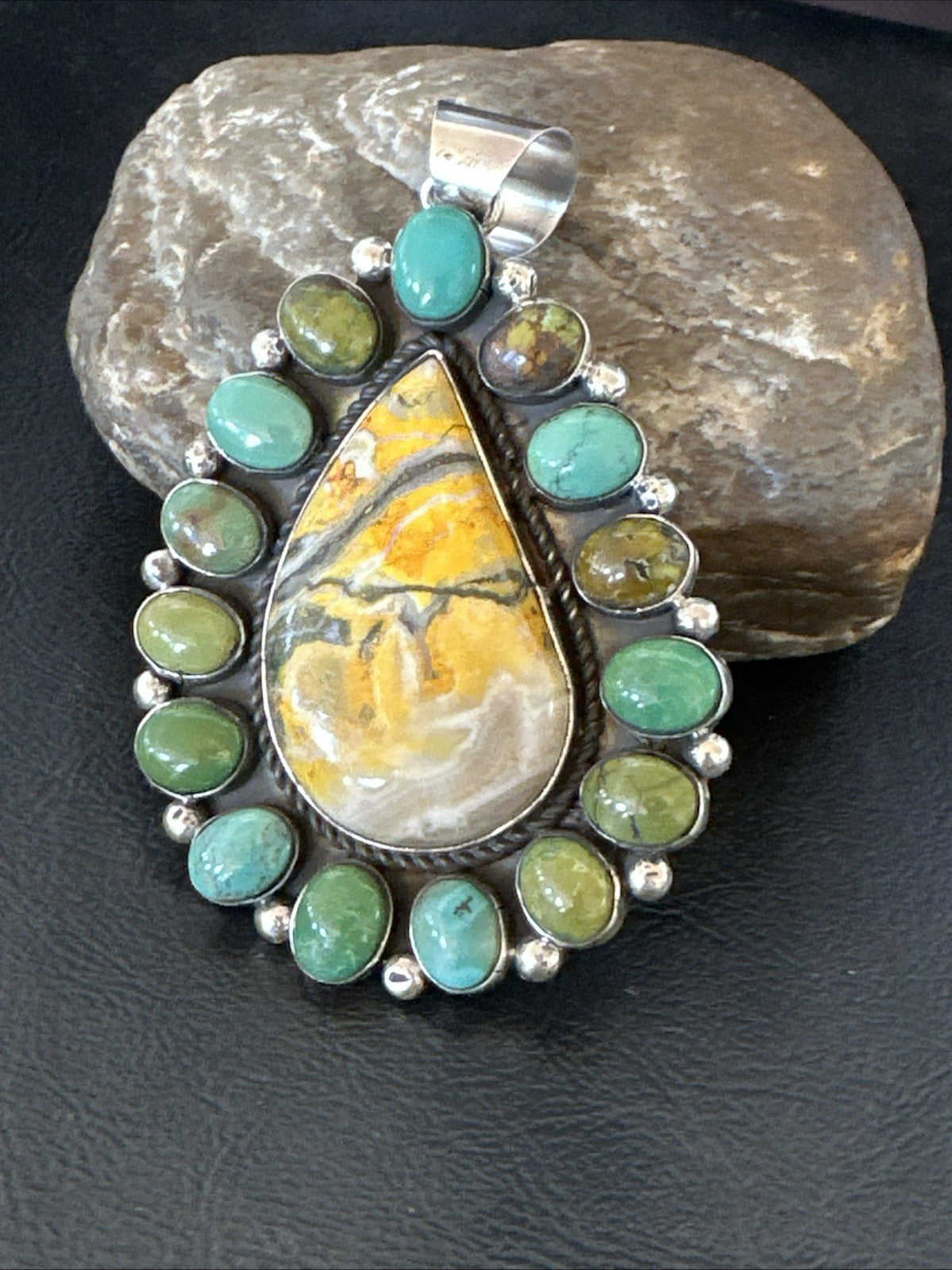 Navajo Bumblebee Jasper Green Turquoise Sterling Silver Necklace Pendant 19441