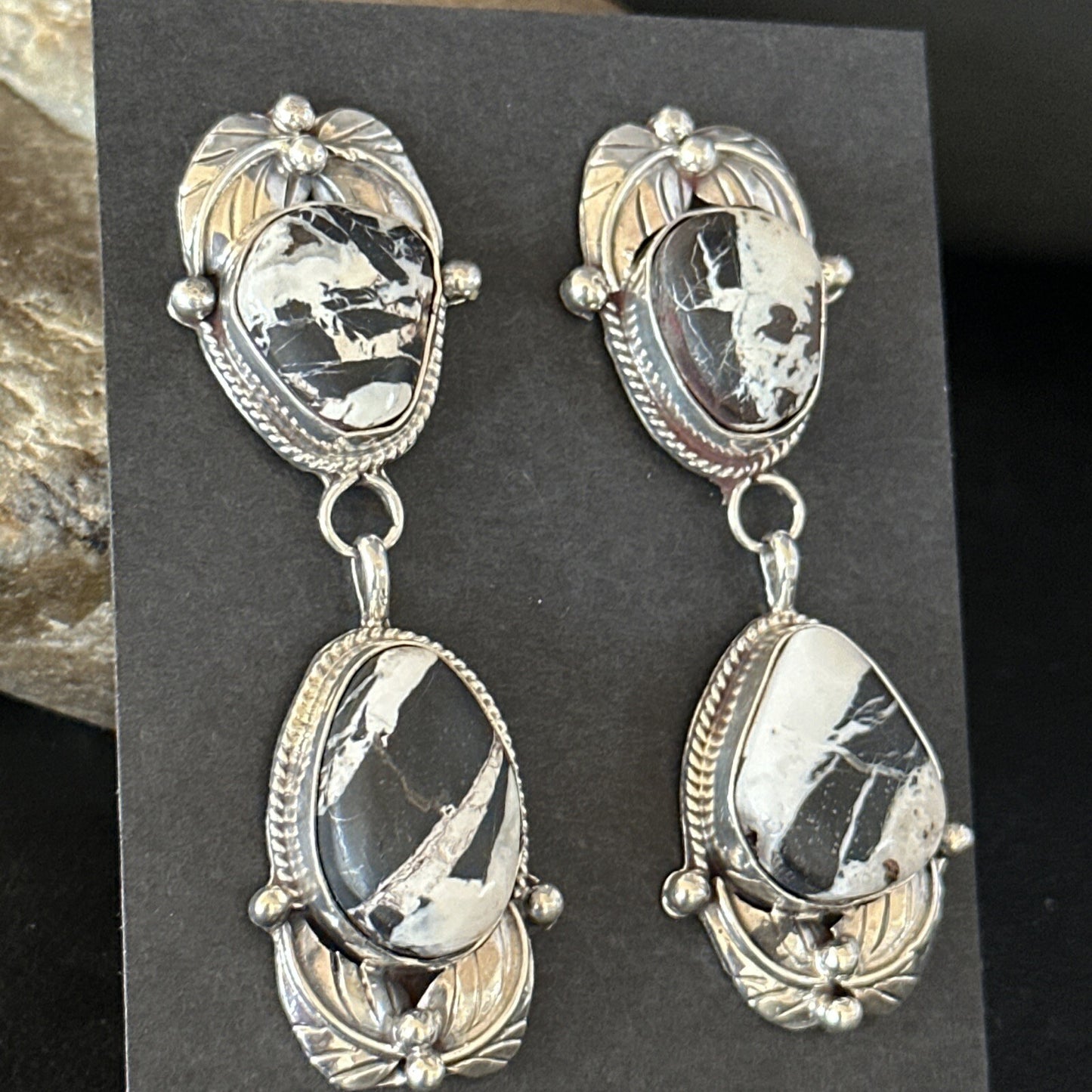 Women Navajo White Buffalo Turquoise Sterling Silver Dangle Earrings 2.5" 14743N