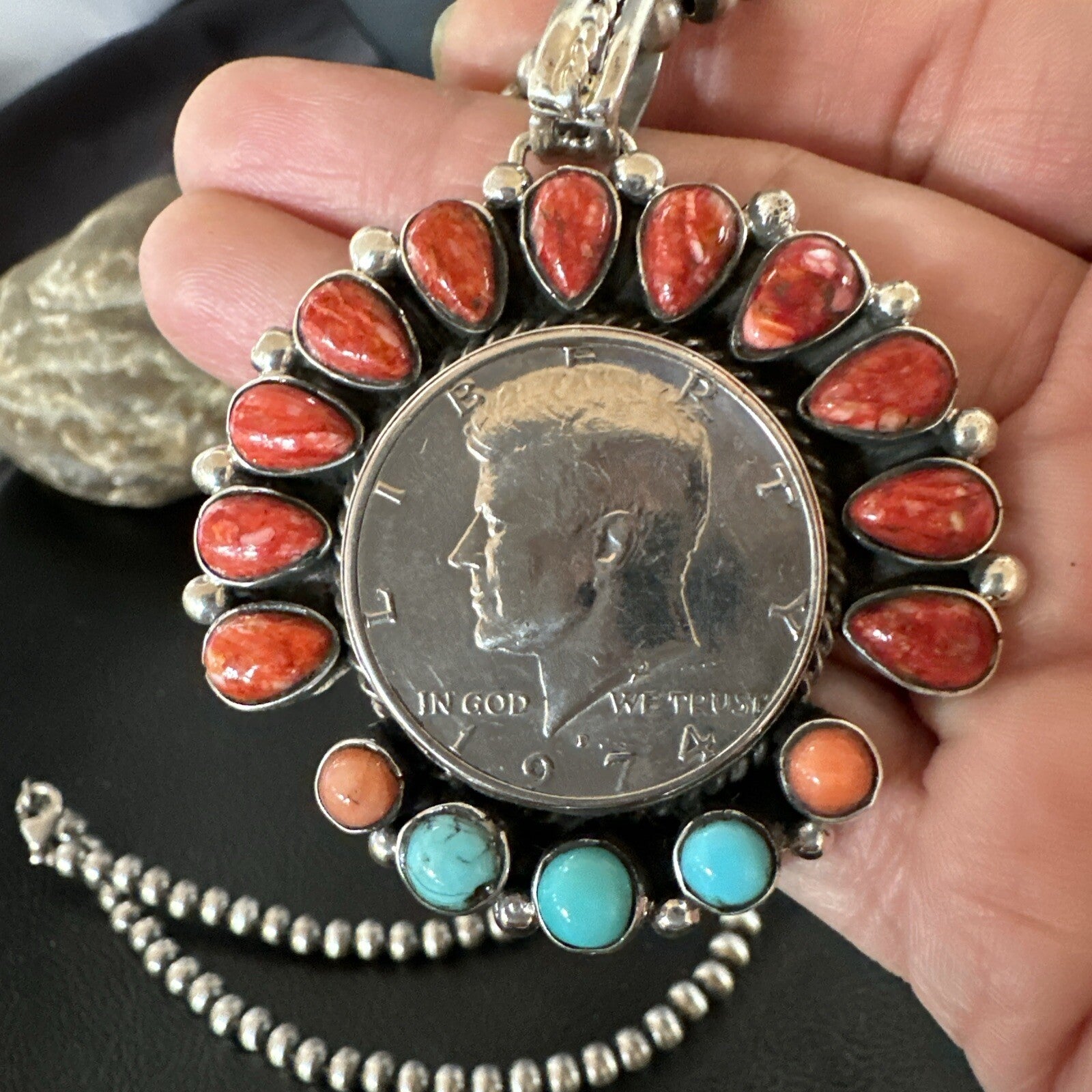 Coin Pendant Red Spiny Oyster Turquoise Navajo Sterling Silver Necklace 17924