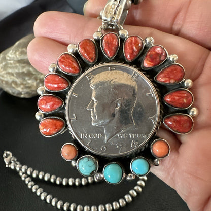 Coin Pendant Red Spiny Oyster Turquoise Navajo Sterling Silver Necklace 17924