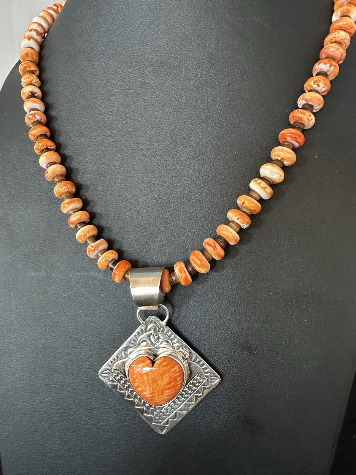 H Joe Orange Spiny Oyster Heart Pendant Navajo Sterling Silver Necklace 19480