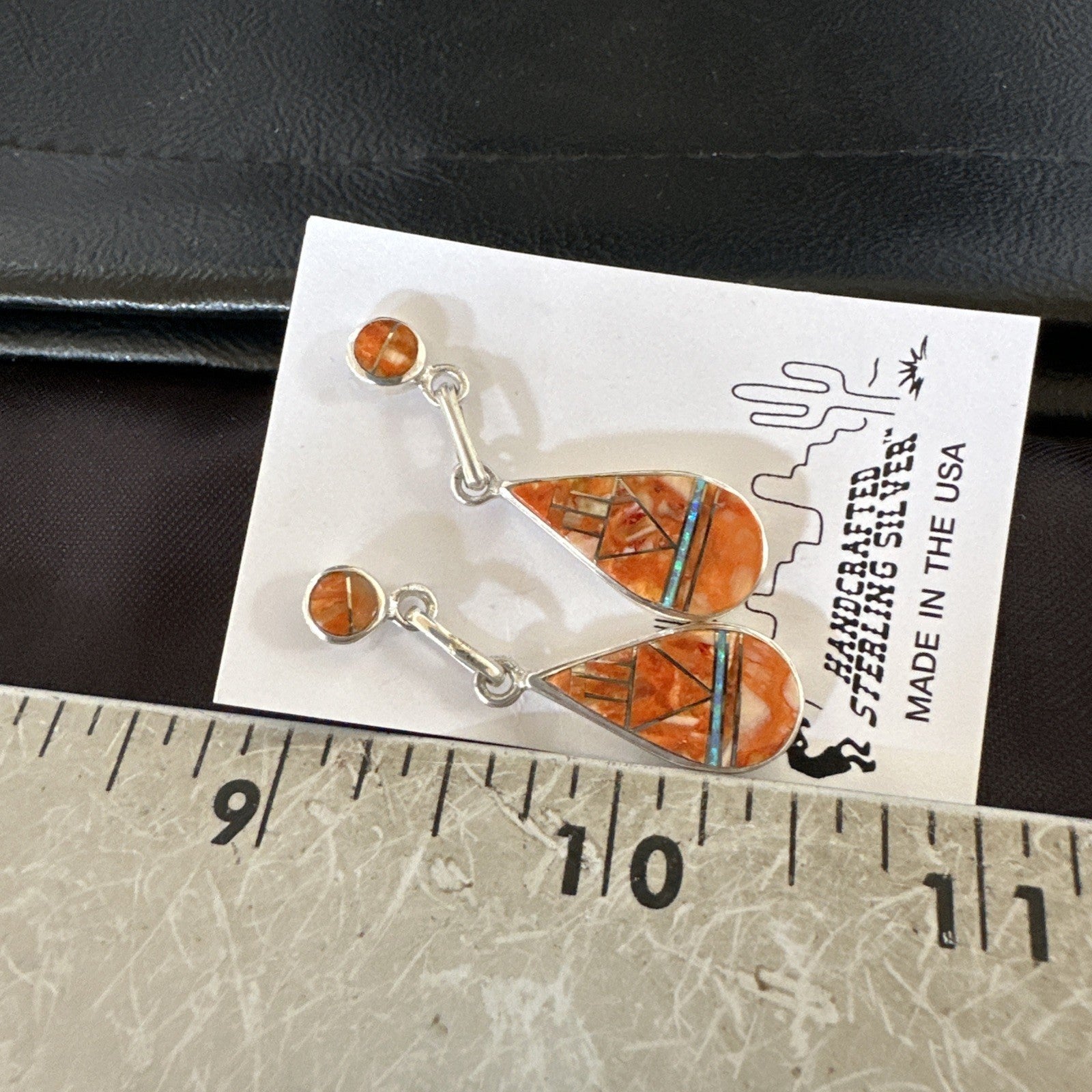 Womens Opal Spiny Oyster Inlay Navajo Sterling Silver Dangle Earrings 19135