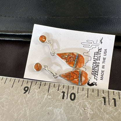 Womens Opal Spiny Oyster Inlay Navajo Sterling Silver Dangle Earrings 19135