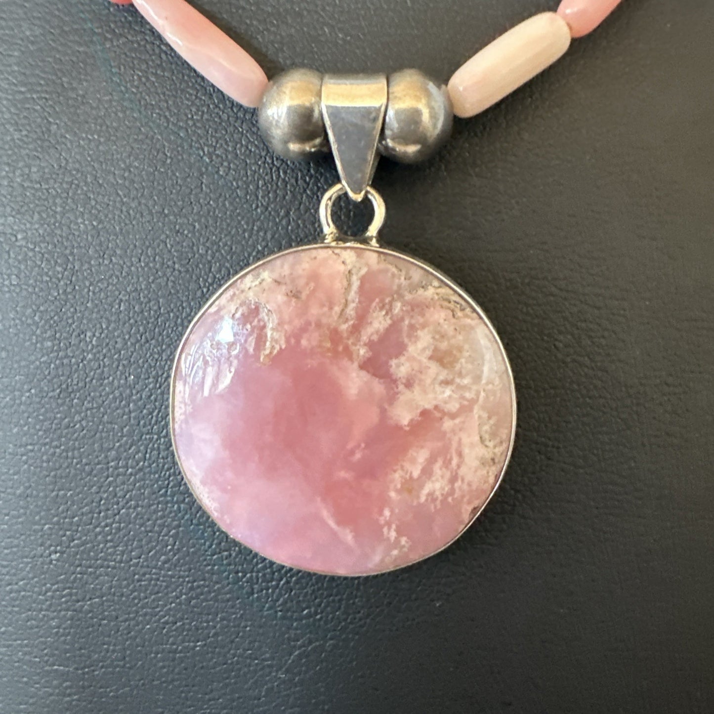 Southwestern Sterling Silver Pink Coral Bead Necklace Quartz Pendant 24" 19588