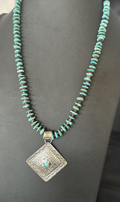Navajo Blue Turquoise Stamped Pendant Shell Sterling Silver 25” Necklace 19707