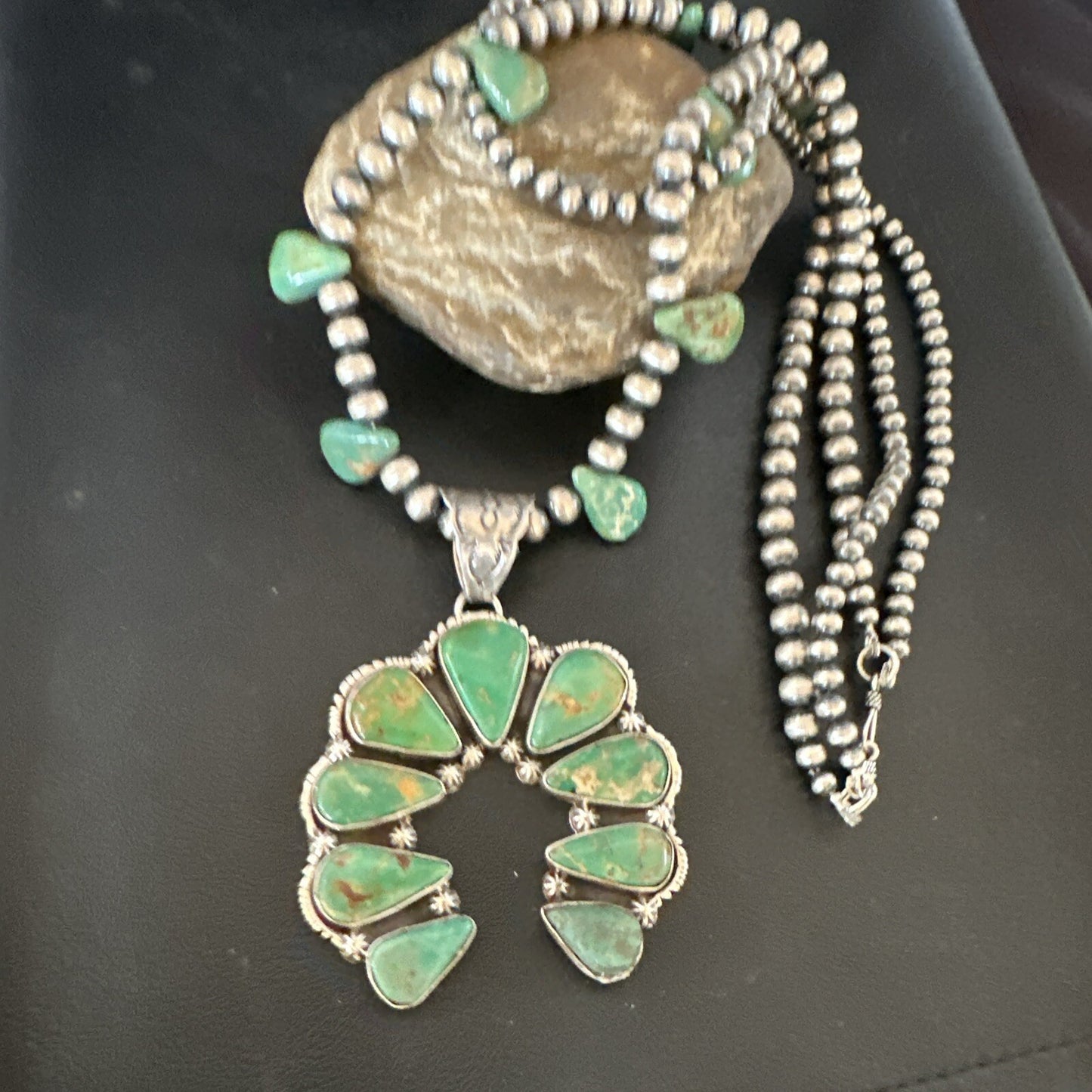 Mens Green Turquoise Naja Pendant Navajo Sterling Silver Necklace 28" 17380