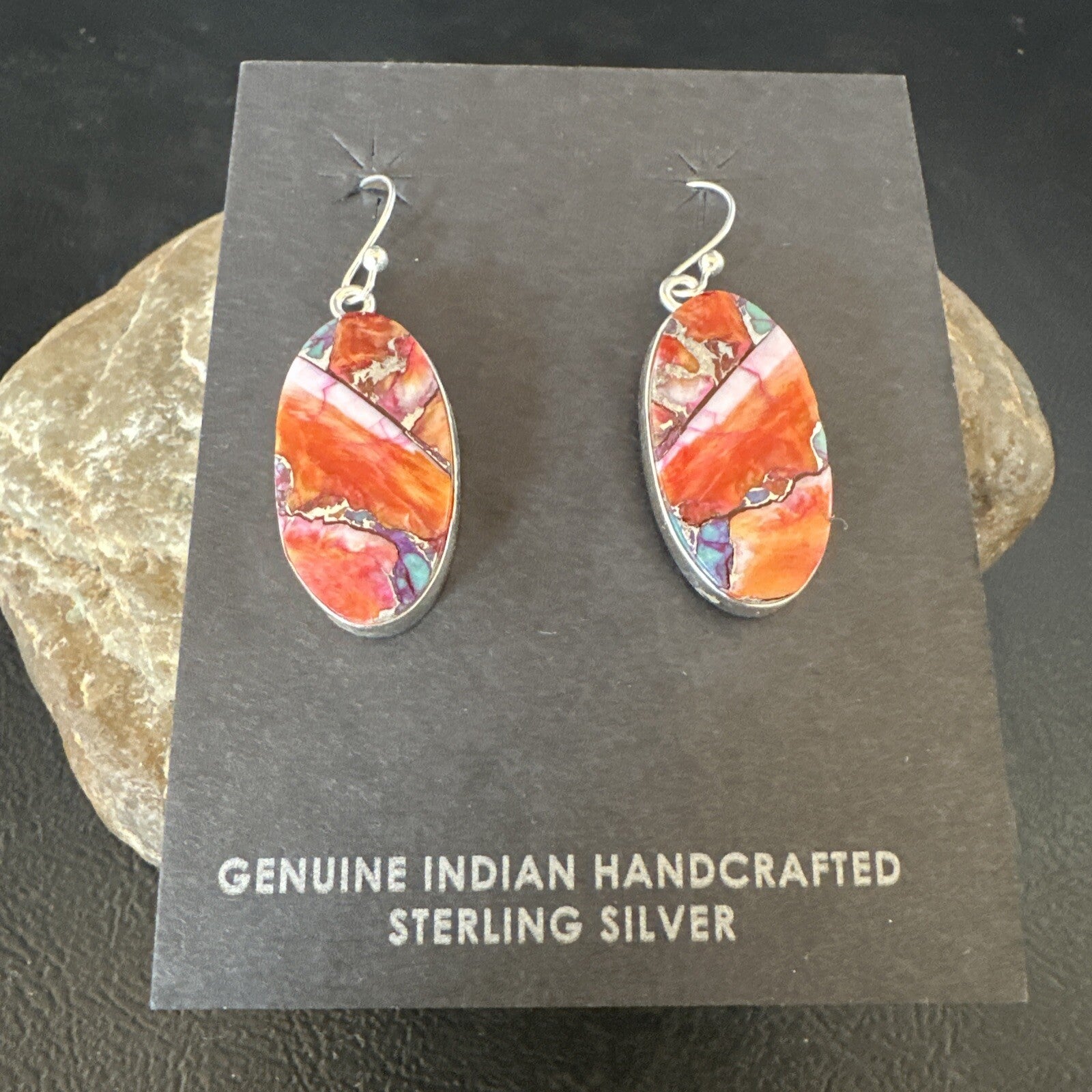 Blue Turquoise Red Spiny Oyster Inlay Sterling Silver Dangle Earrings 15558