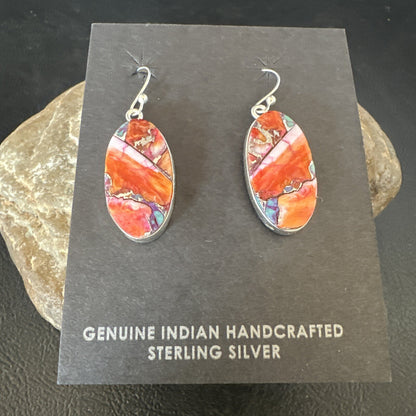 Blue Turquoise Red Spiny Oyster Inlay Sterling Silver Dangle Earrings 15558