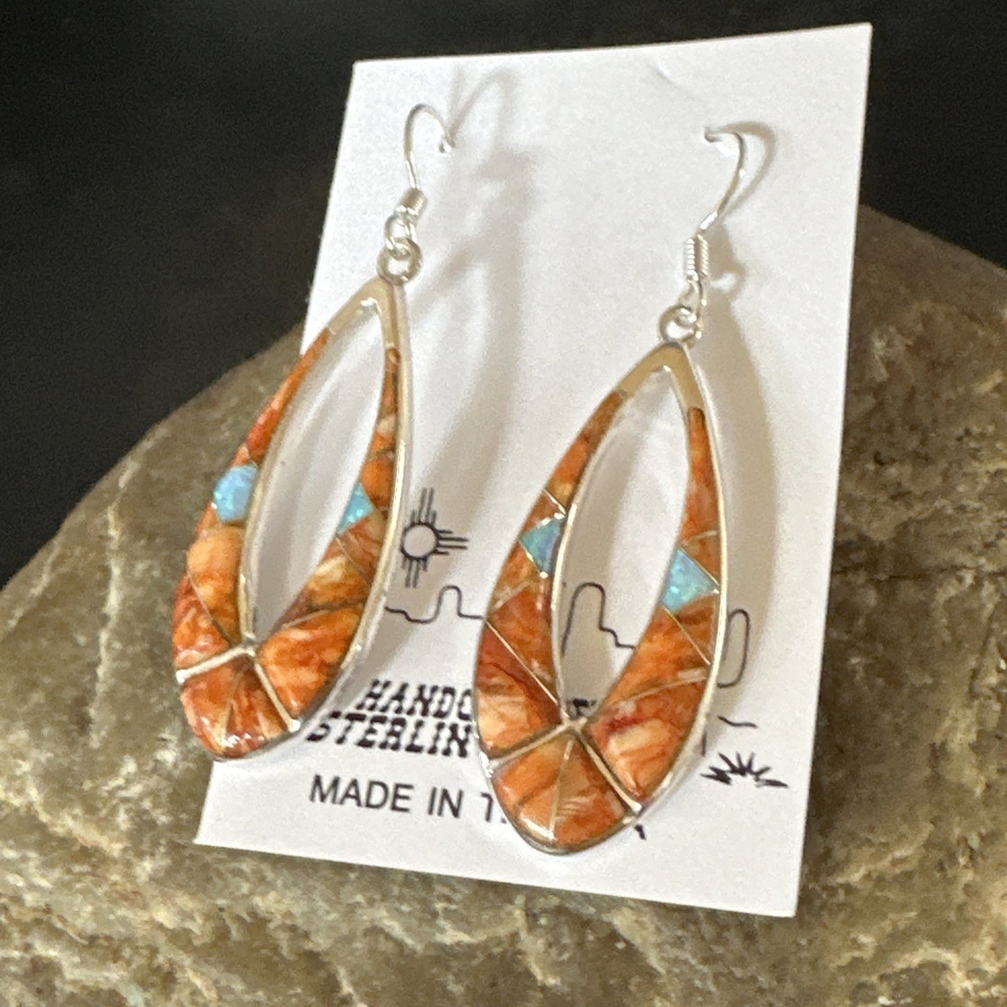 Women Opal Spiny Oyster Inlay Southwestern Sterling Silver Dangle Earrings 19136