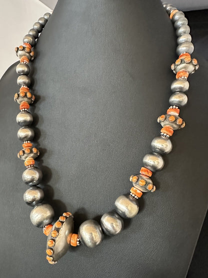 Orange Spiny Oyster Navajo Pearls Graduated Sterling Silver Necklace 23” 19446