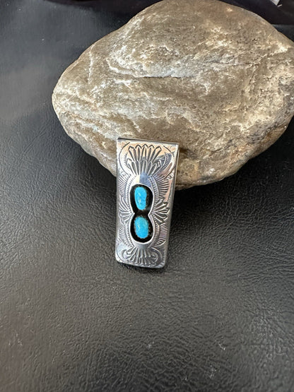 Mens Blue Turquoise Navajo Stainless Stamped Silver Money Clip 19366