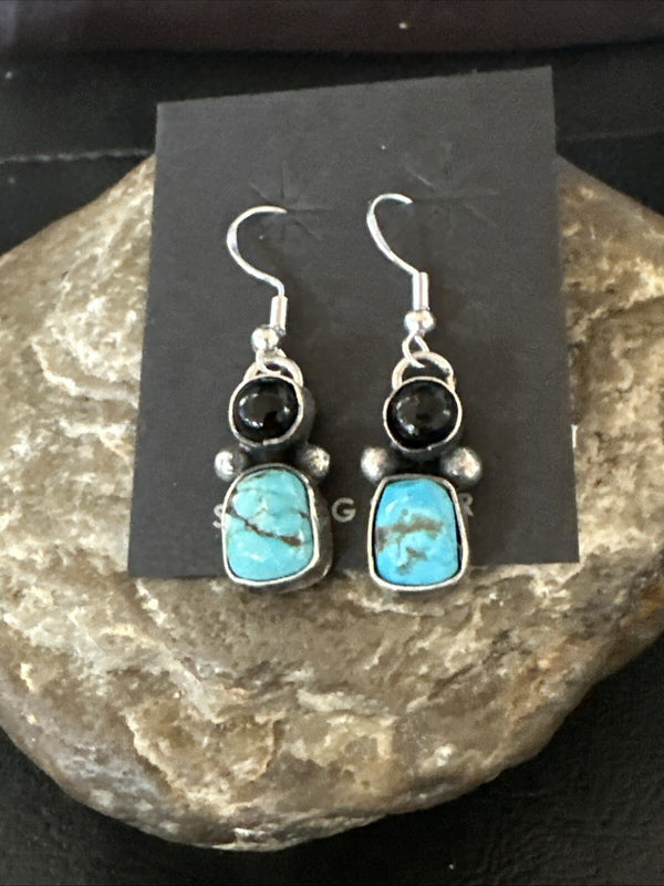 Handmade Kingman Turquoise Onyx Navajo Dangle Earrings | Sterling Silver | Authentic Native American Handmade | 18847