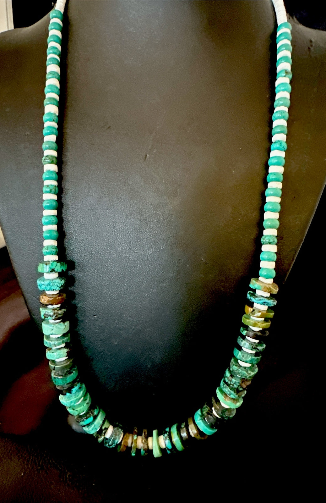 Navajo Blue Turquoise Shell Heishi Sterling Silver Bead 25” Necklace 17853