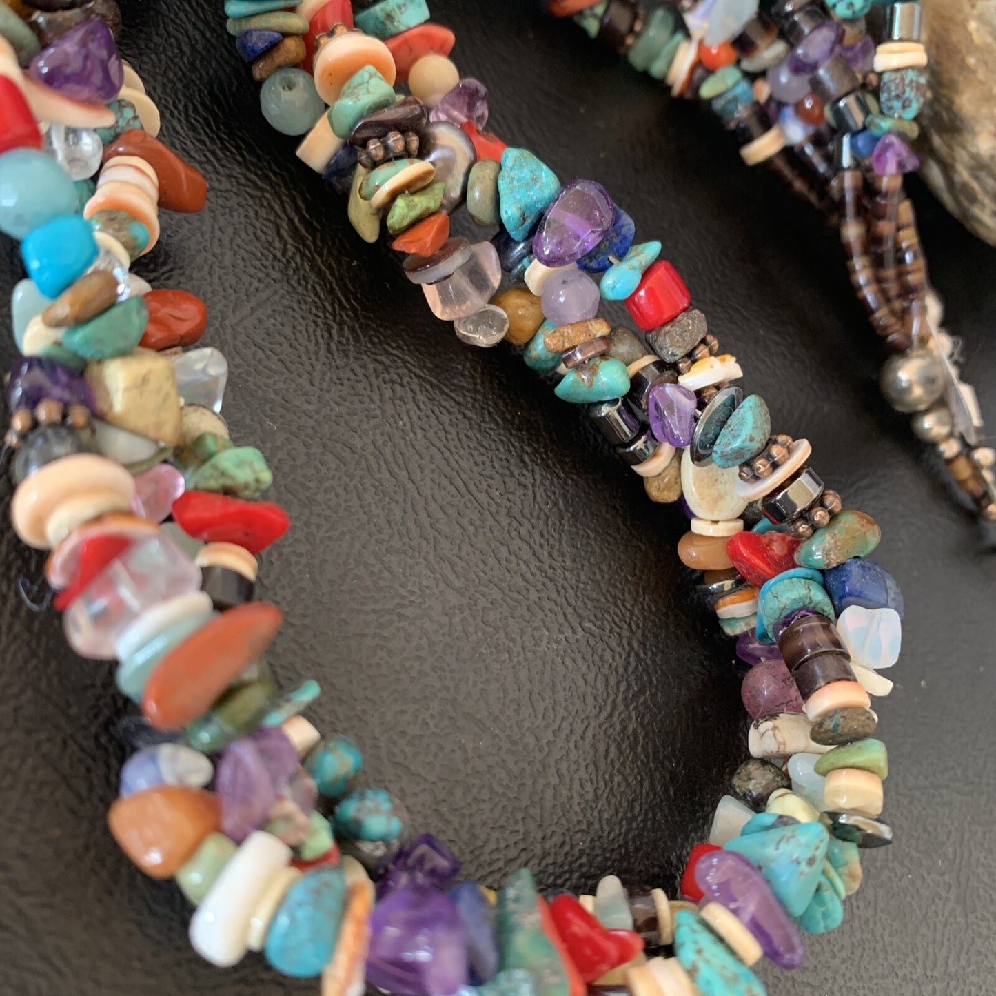 Turquoise & Coral 3 Strand Navajo Bead Sterling Silver Necklace 22” 10402