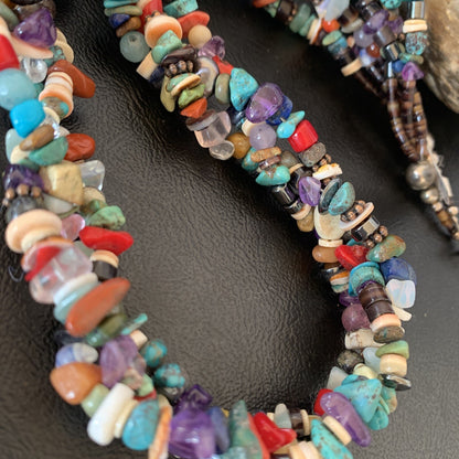 Turquoise & Coral 3 Strand Navajo Bead Sterling Silver Necklace 22” 10402