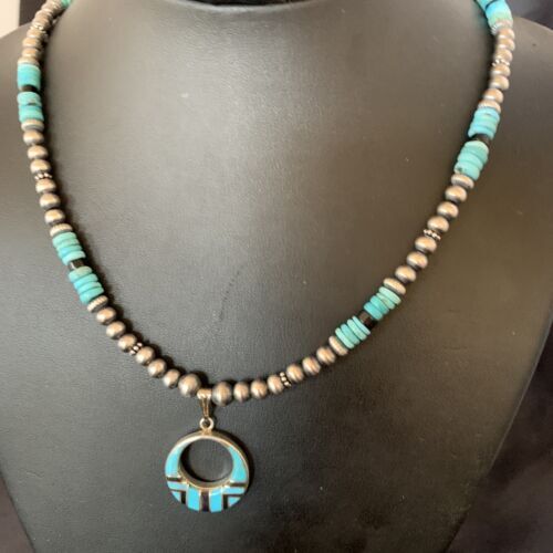 Blue Turquoise Inlay Pendant Navajo Pearls Sterling Silver Necklace 12615