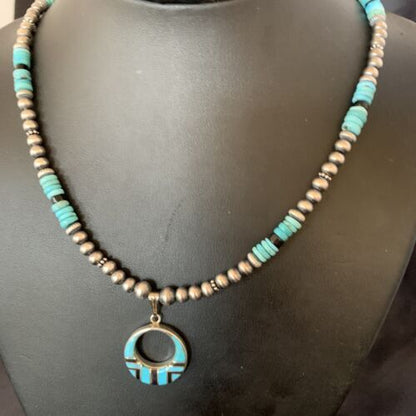 Blue Turquoise Inlay Pendant Navajo Pearls Sterling Silver Necklace 12615