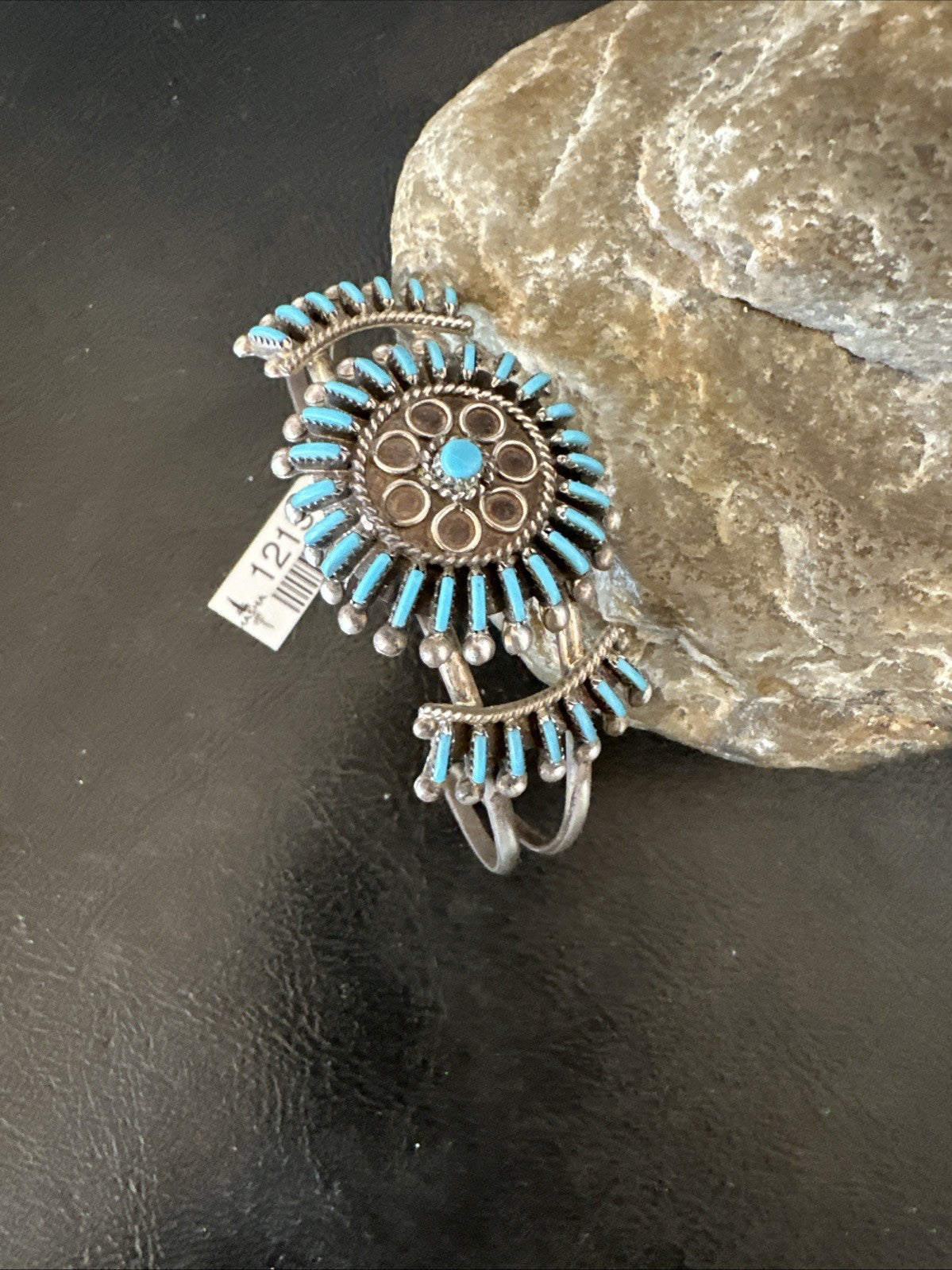 Blue Turquoise Native American Zuni Sterling Silver Cluster Cuff Bracelet 12151