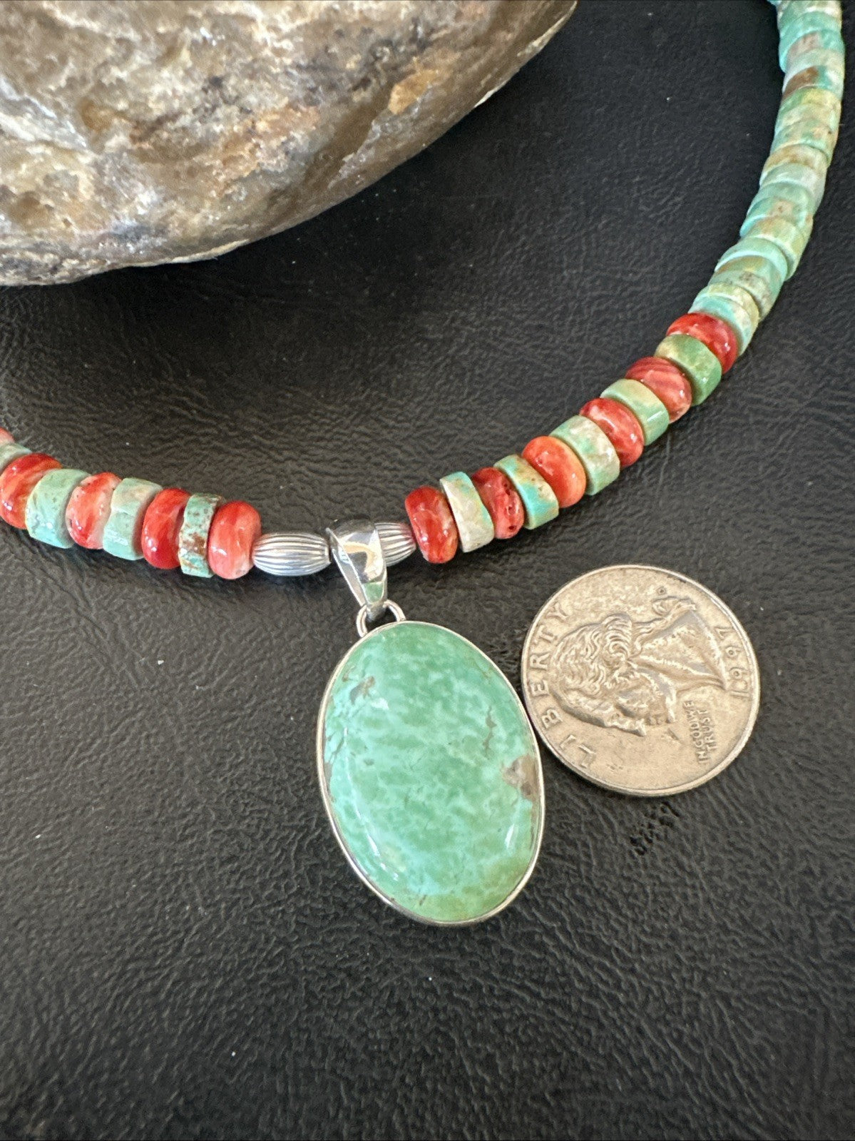 Green Turquoise Pendant Spiny Navajo Sterling Silver Heishi Necklace 21" 19204