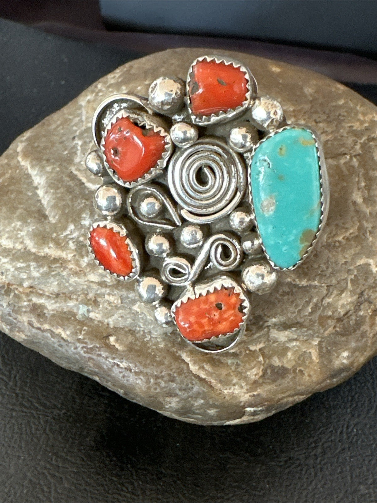 Navajo Blue Turquoise Coral Ring Multi-Stone Cluster Sz 9.5 19778