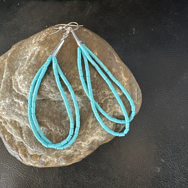 Blue Turquoise Heishi 2 Strand Dangle Earrings 3" | Sterling Silver | Authentic Native American Handmade | 19039