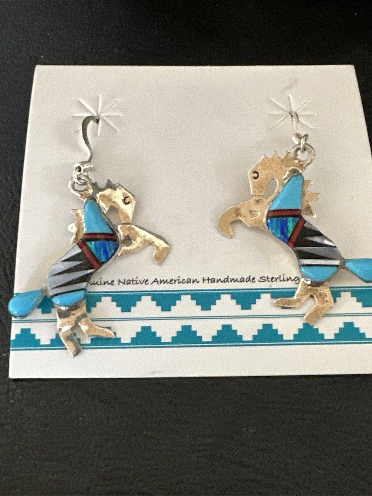 Blue Turquoise Coral Horse Inlay Navajo Sterling Silver Earrings 19827