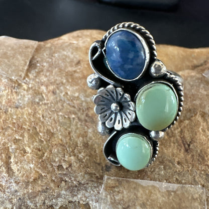 Yazzie Ring Green Turquoise Lapis Navajo Sterling Silver Cluster Size 8 19224