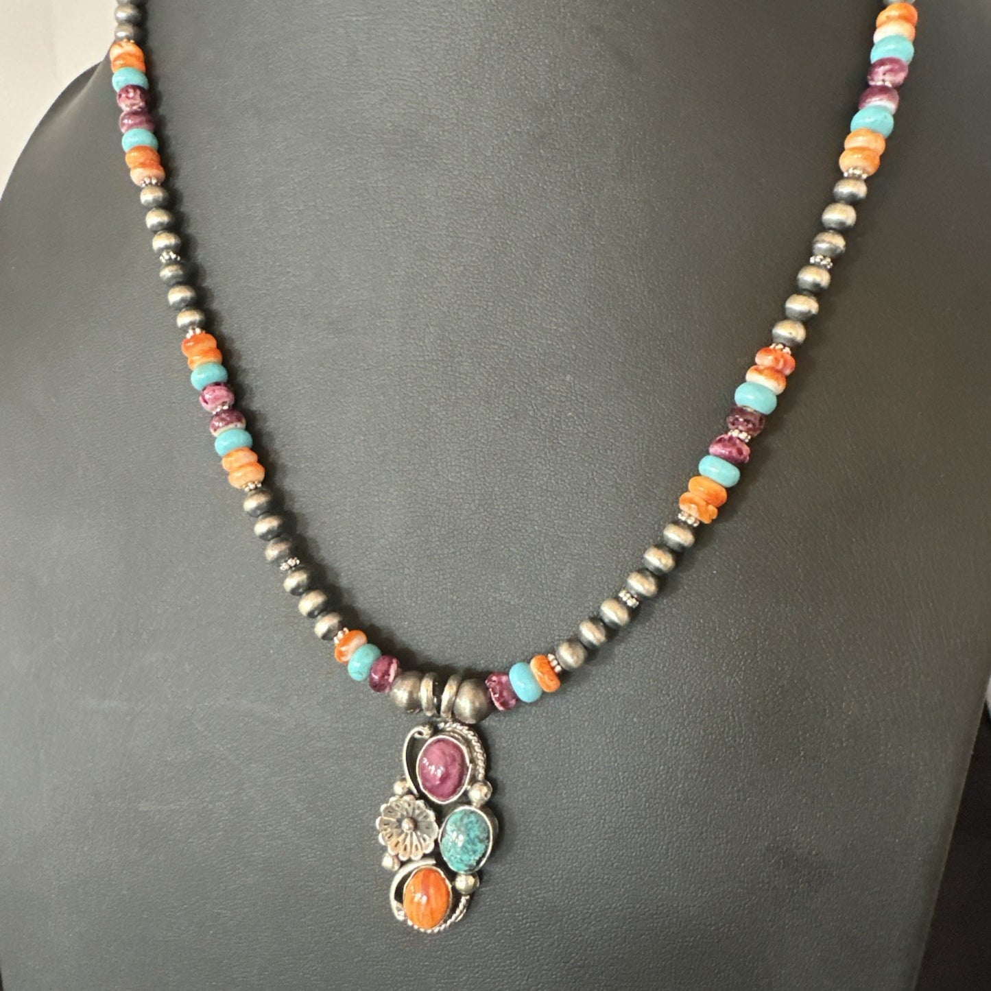 Multicolor Turquoise Spiny Navajo Sterling Silver Cluster Pendant Necklace 19642