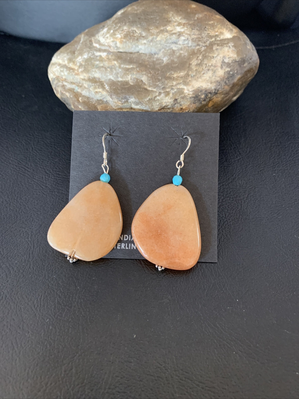 Womens Navajo Tan Jasper Blue Turquoise Sterling Silver Earrings 2" 13101