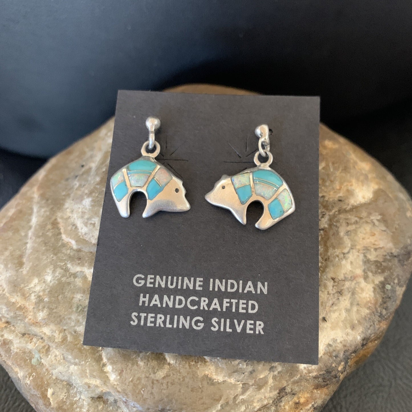Womens Turquoise White Opal Inlay Navajo Sterling Silver Dangle Earrings 12773
