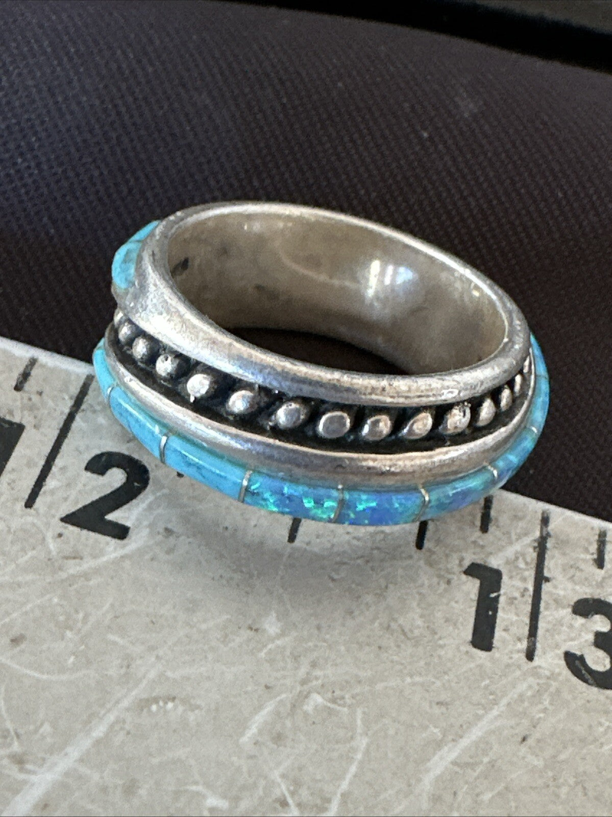 Blue Opal Navajo Sterling Silver Band Inlay Ring Size 8 18806