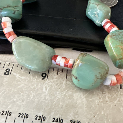 Navajo Green Turquoise Red Spiny Oyster Necklace Sterling 23" 19717
