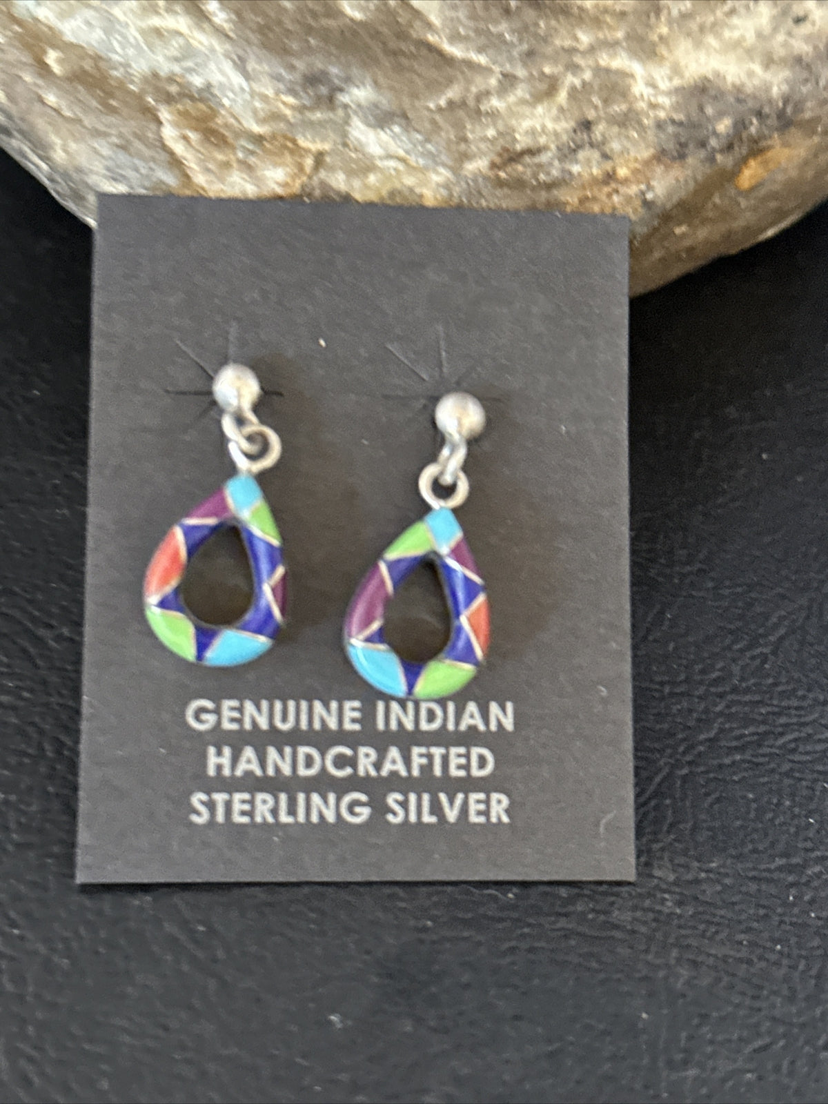 Turquoise Spiny Oyster & Opal Navajo Sterling Silver Inlay Earrings 1” 14411