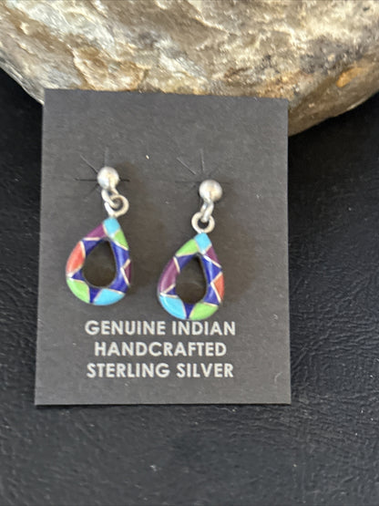 Turquoise Spiny Oyster & Opal Navajo Sterling Silver Inlay Earrings 1” 14411