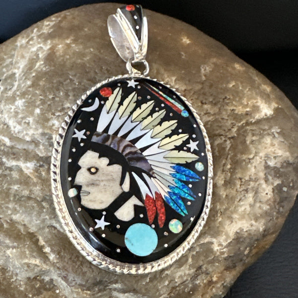 Turquoise Navajo IndianHead MultiColor Inlay Pin Pendant | Sterling Silver | Authentic Native American Handmade | 15156