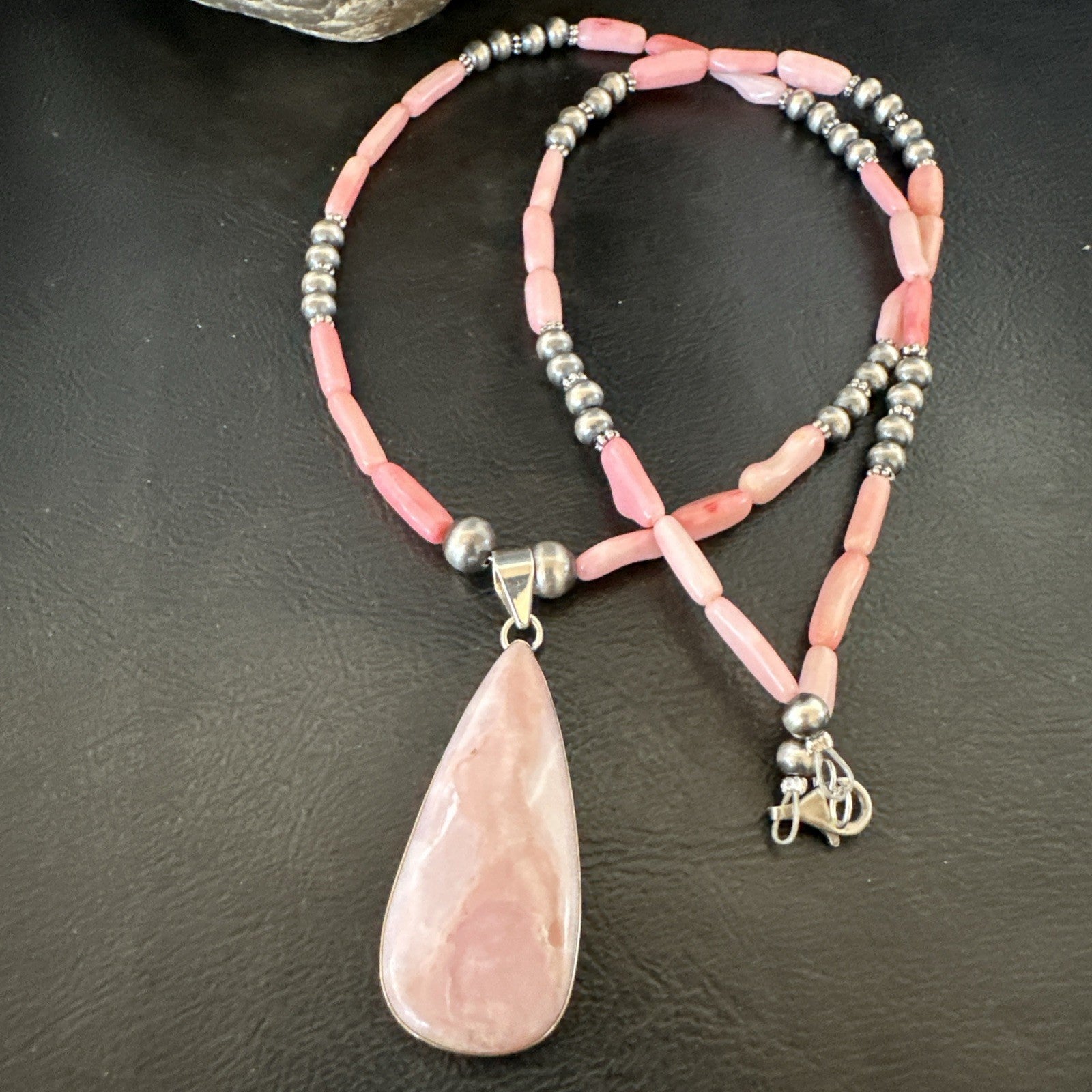 Southwestern Sterling Silver Pink Coral Bead Necklace Quartz Pendant 24" 19589