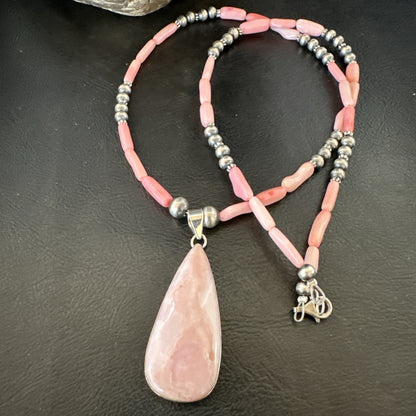 Southwestern Sterling Silver Pink Coral Bead Necklace Quartz Pendant 24" 19589