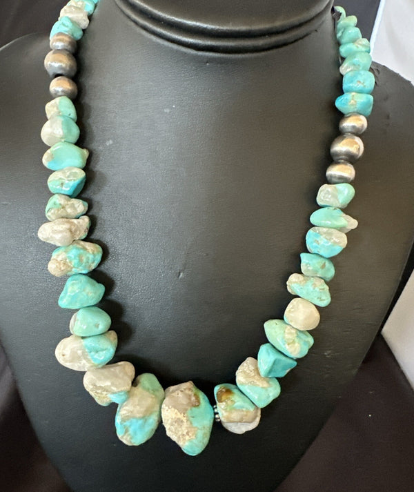Blue Armenian Turquoise Chunky Nugget Navajo Necklace 19" | Sterling Silver | Authentic Native American Handmade | 18317