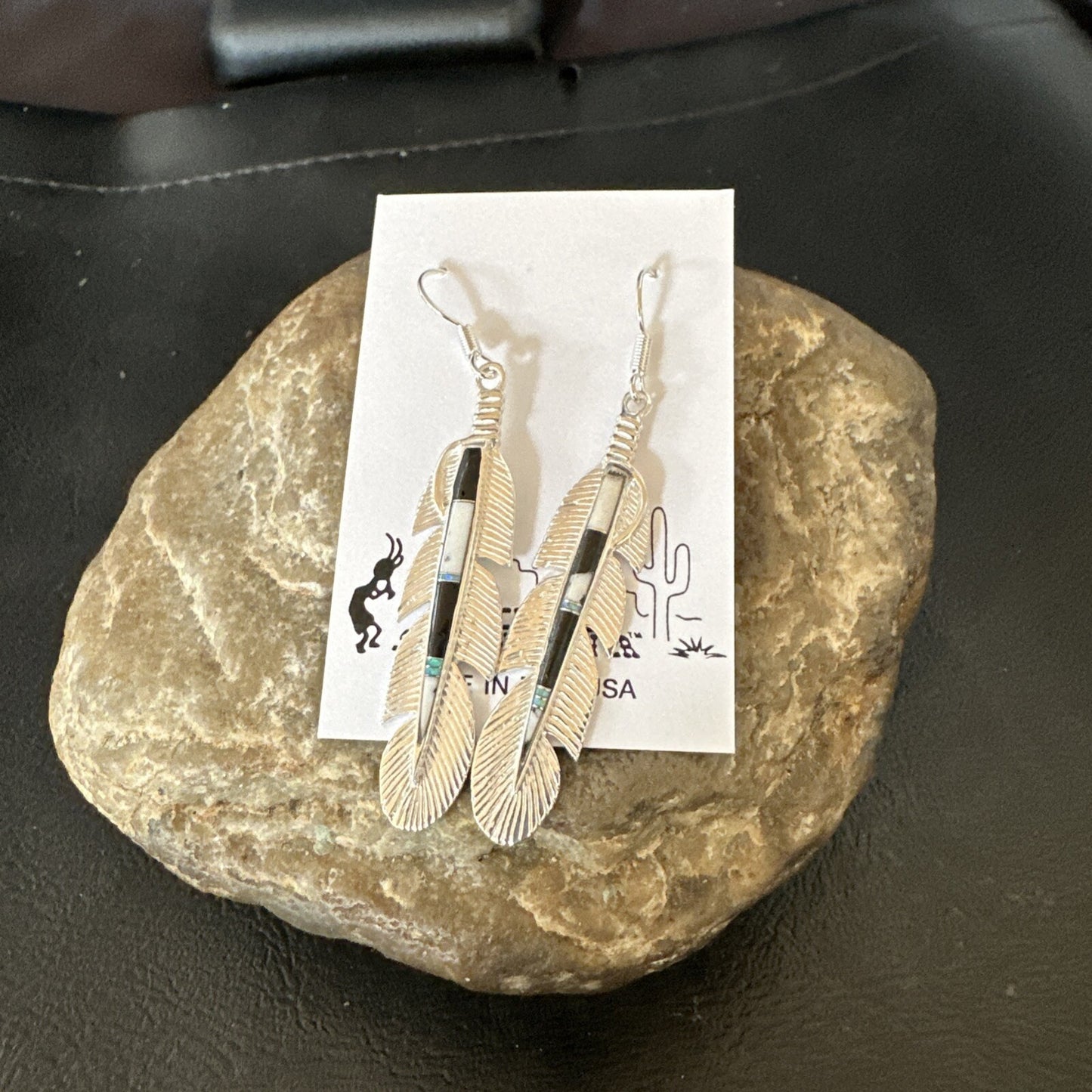 White Buffalo Turquoise Opal Sterling Silver Handmade Feather Earrings 18696