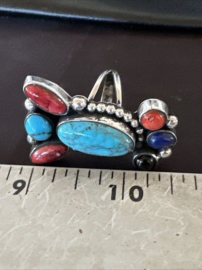 Cluster Blue Turquoise Spiny Oyster Onyx Sterling Silver Ring Size 8 18562