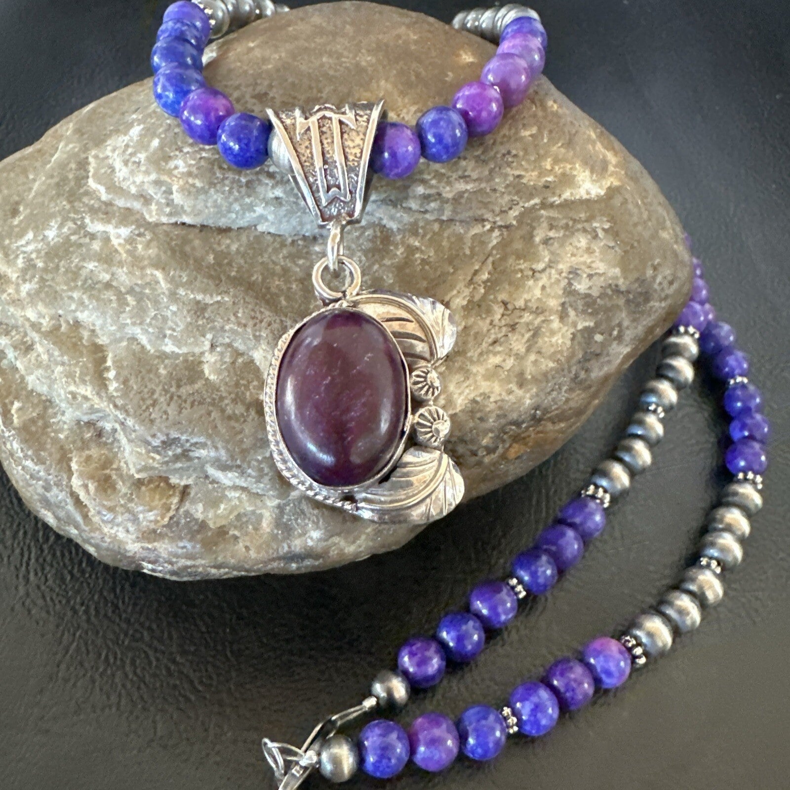 Purple Stone Pendant Navajo Pearls Sterling Silver Necklace 18389