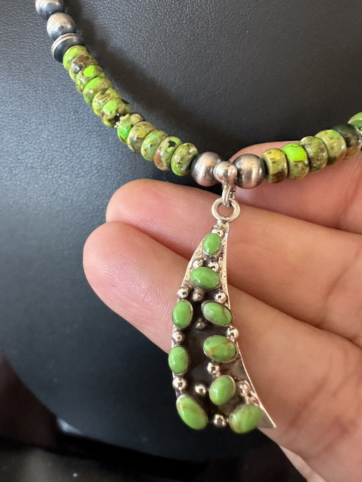 Womens Green Gaspeite Turquoise Pendant Navajo Sterling Silver Necklace 18369