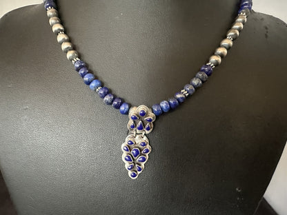 Mens Womens Blue Lapis Navajo Sterling Silver Cluster Pendant Necklace 21”18340