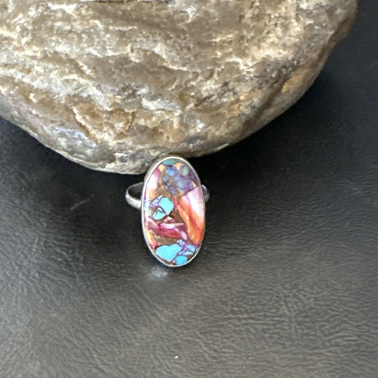 Blue Turquoise Spiny Oyster Southwestern Sterling Silver Ring Size 8 18428