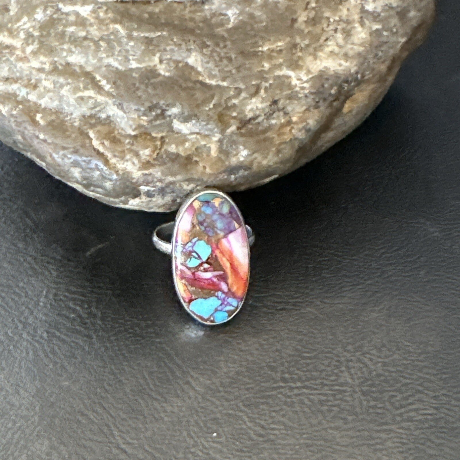 Blue Turquoise Spiny Oyster Southwestern Sterling Silver Ring Size 8 18428